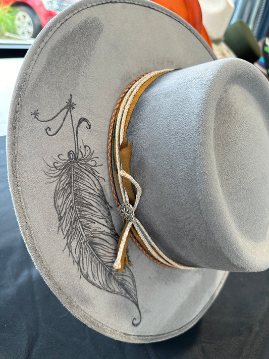 Gray Feathered Burned Boater Hat