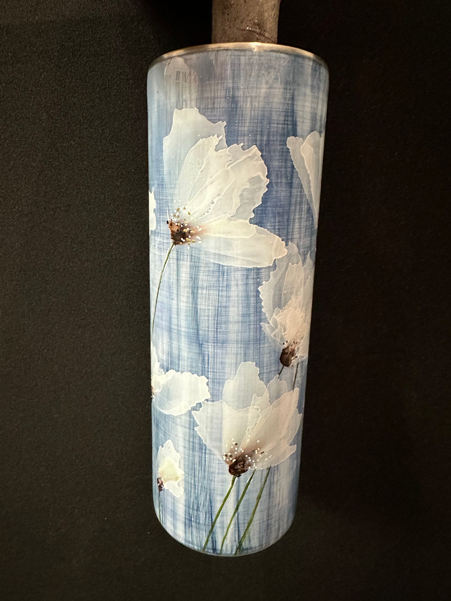 Hand painted White flowers in Denim blue base (Bee)