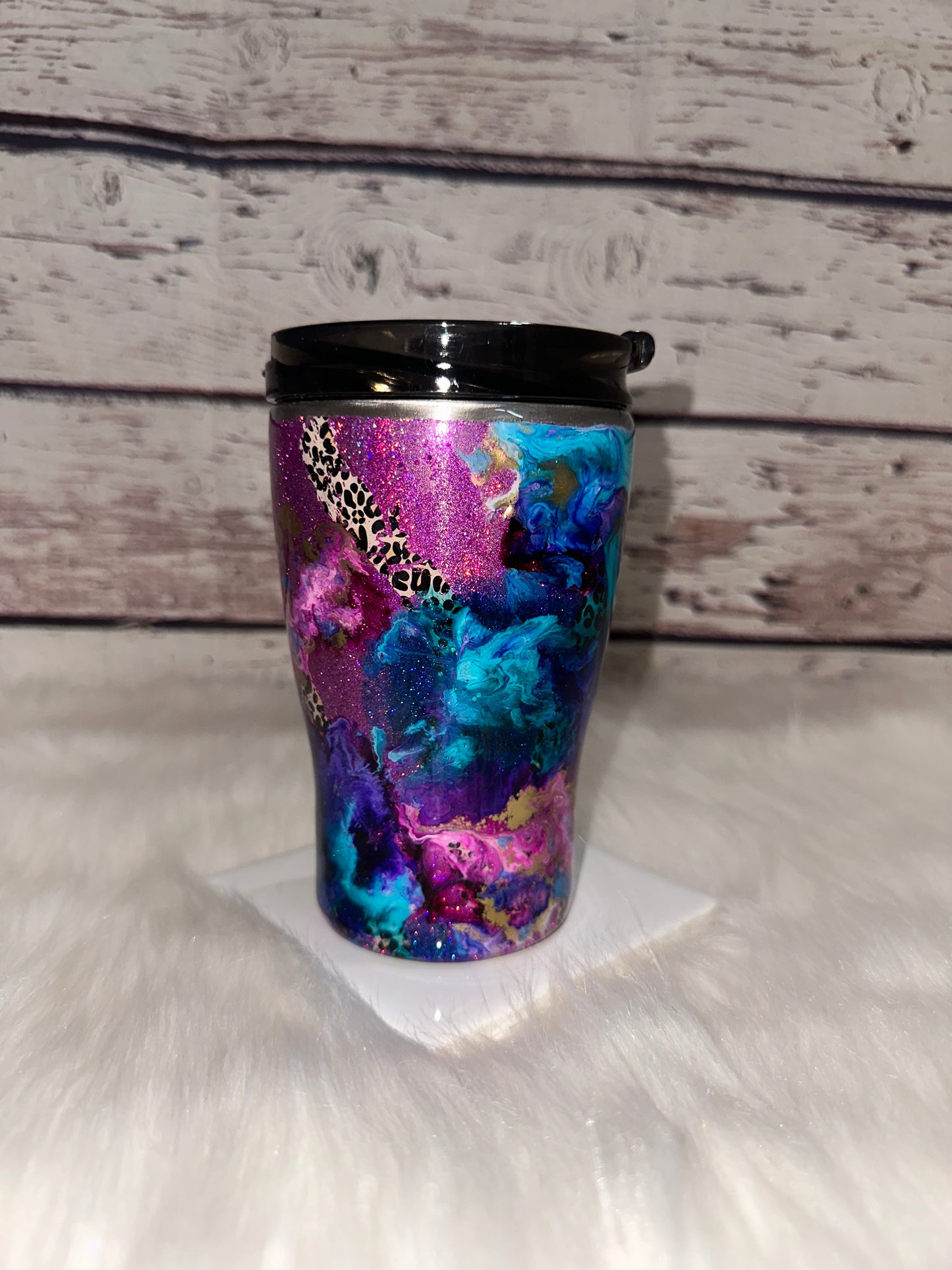 Turquoise and purple swirls on Leopard print foil 12 oz RTS Modern Curve Tumbler