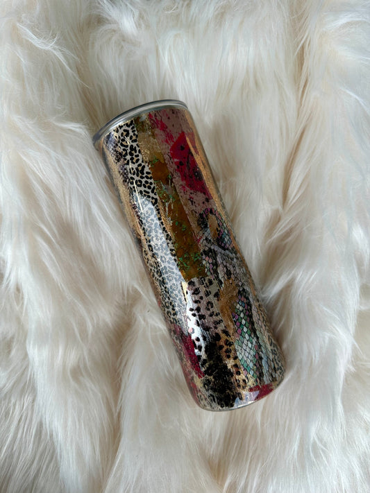 Combination of Leopard, Snakeskin and Red Rose Foil Print RTS 20 oz Skinny Tumbler