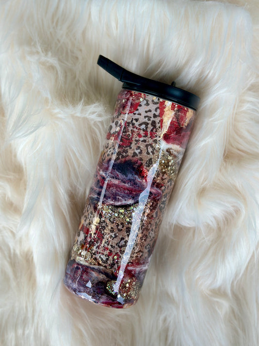 Leopard and Red Rose Foil Print with Glitter Swirls RTS 25 oz DUO Tumbler