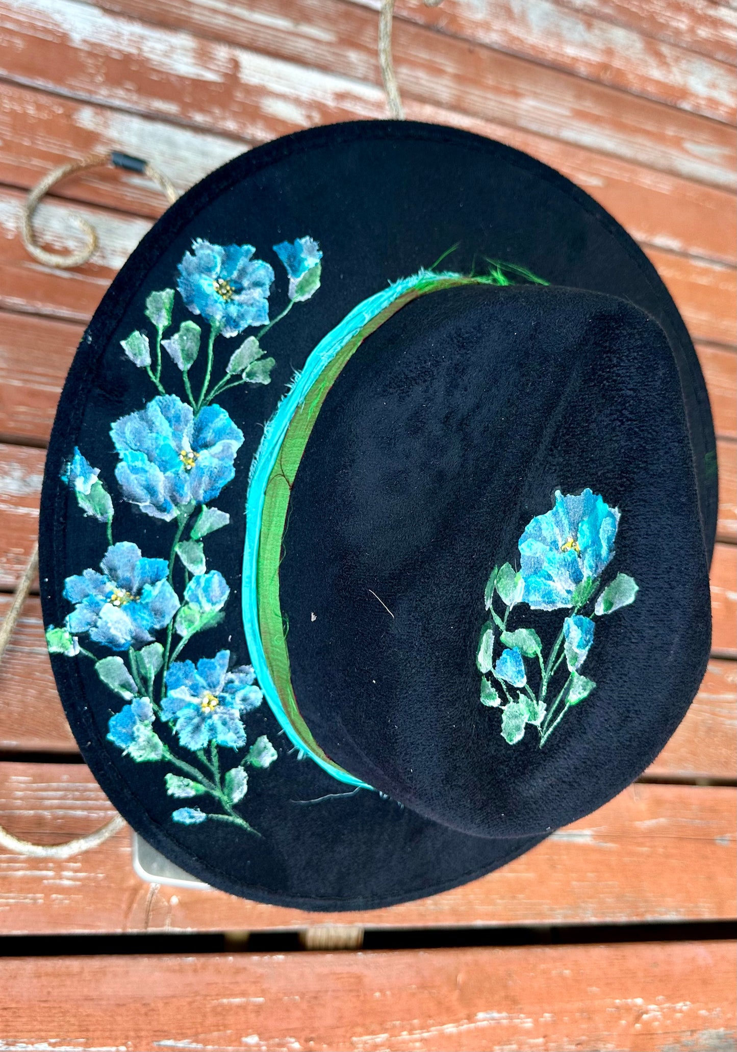 Black Hat with Hand painted Blue flowers with Rhinestones