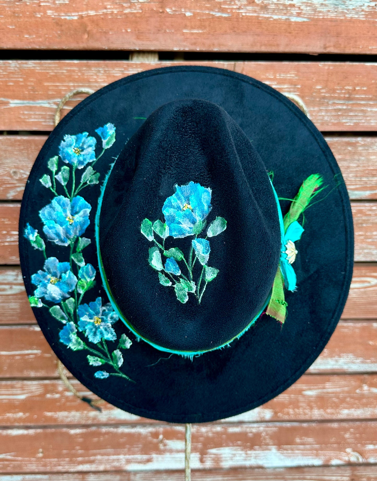 Black Hat with Hand painted Blue flowers with Rhinestones