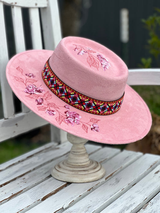 Hand Painted Pink Boater Hat ( Size Medium)